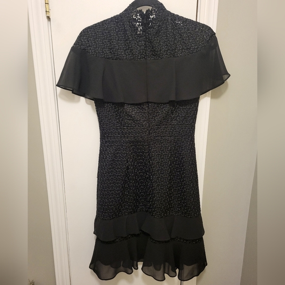 Monique Lhuillier Embroidered Floral Lace Dress Mock Neck Ruffles Black Size 2 - Picture 7 of 14